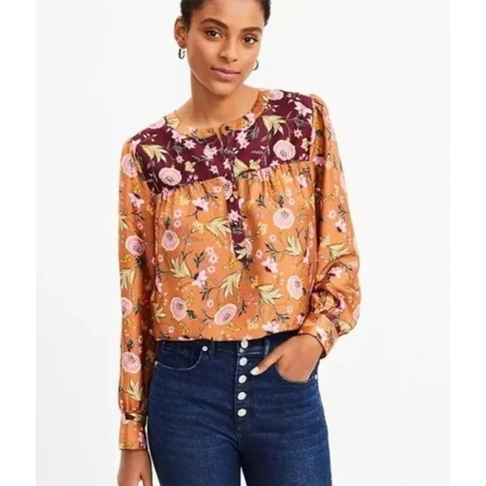 Loft Blouse Women Large Orange Floral Henley Long Sleeve Lightweight Boho Office